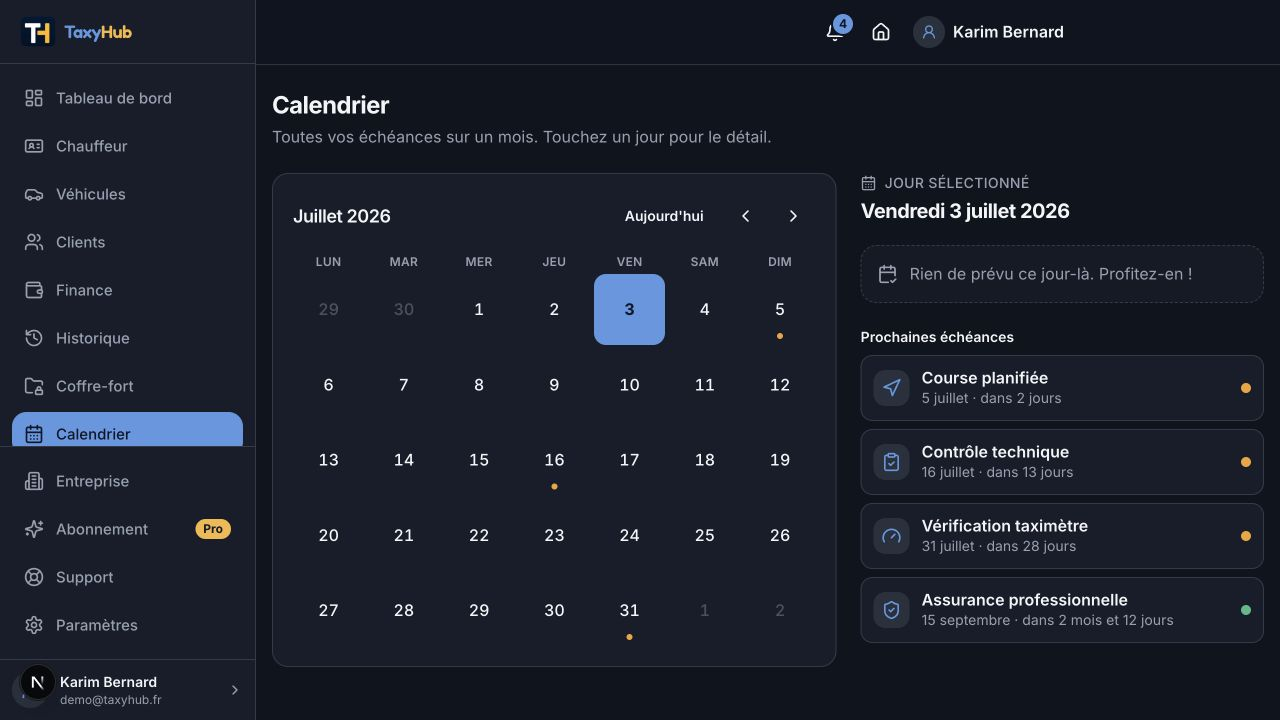 Capture réelle TaxyHub — Calendrier