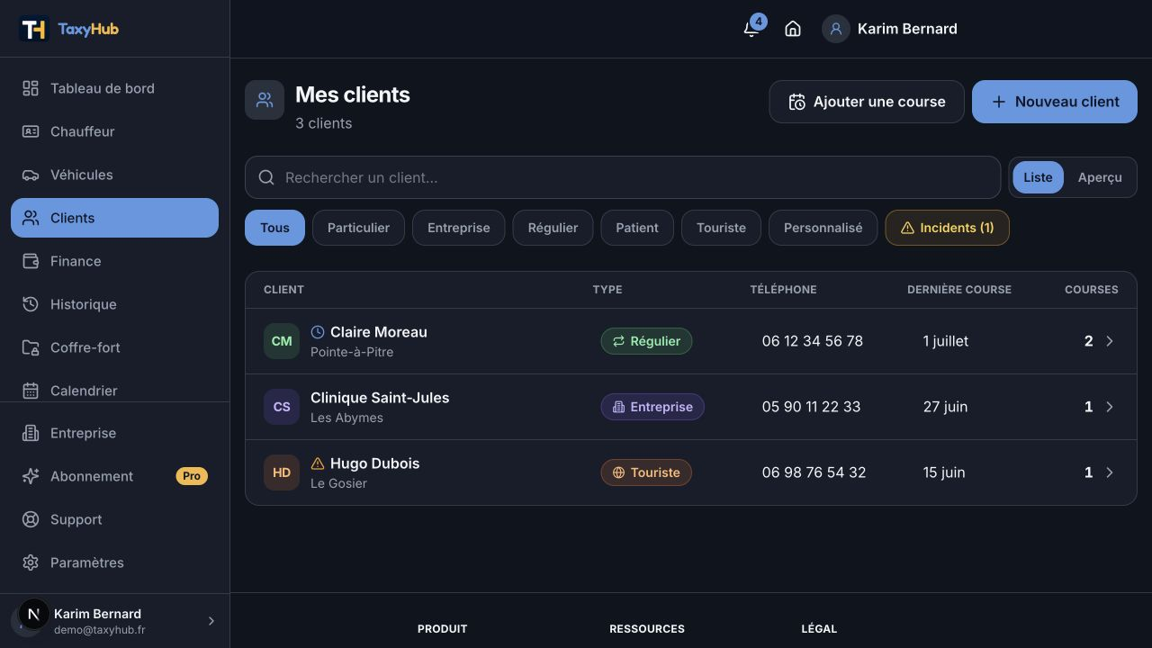 Capture réelle TaxyHub — Clients