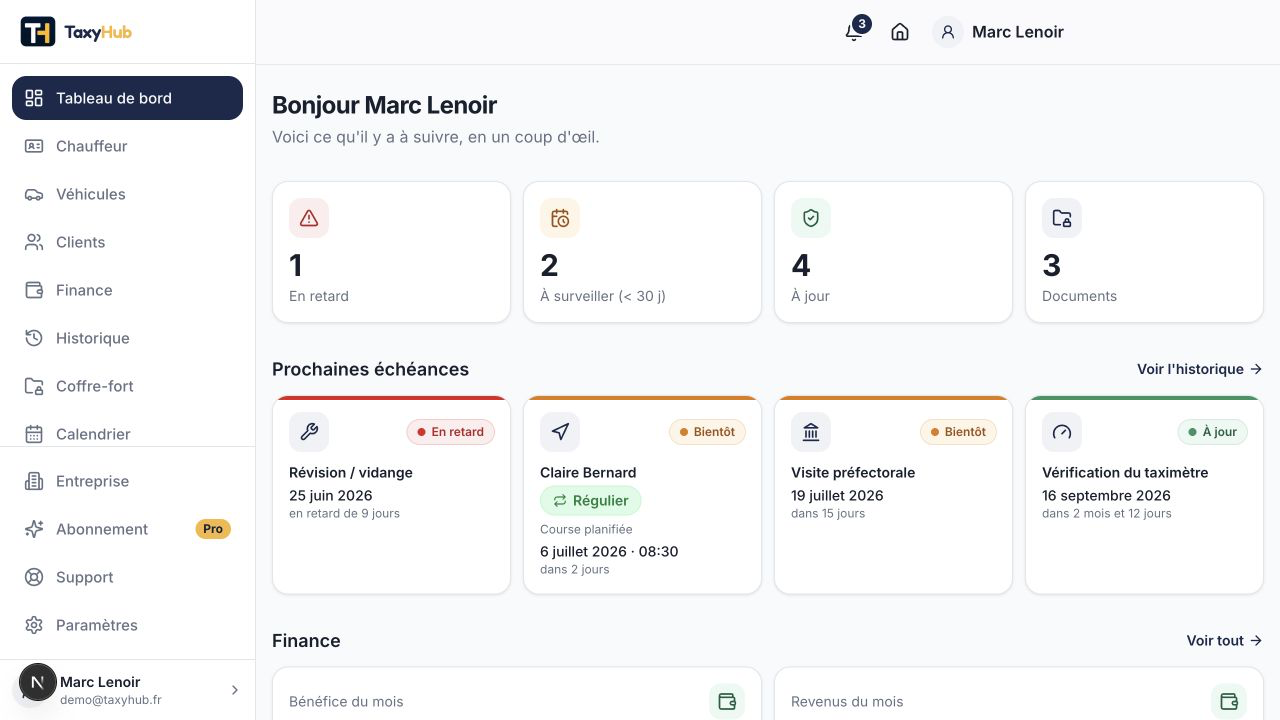 Tableau de bord TaxyHub avec les échéances, véhicules, clients et documents