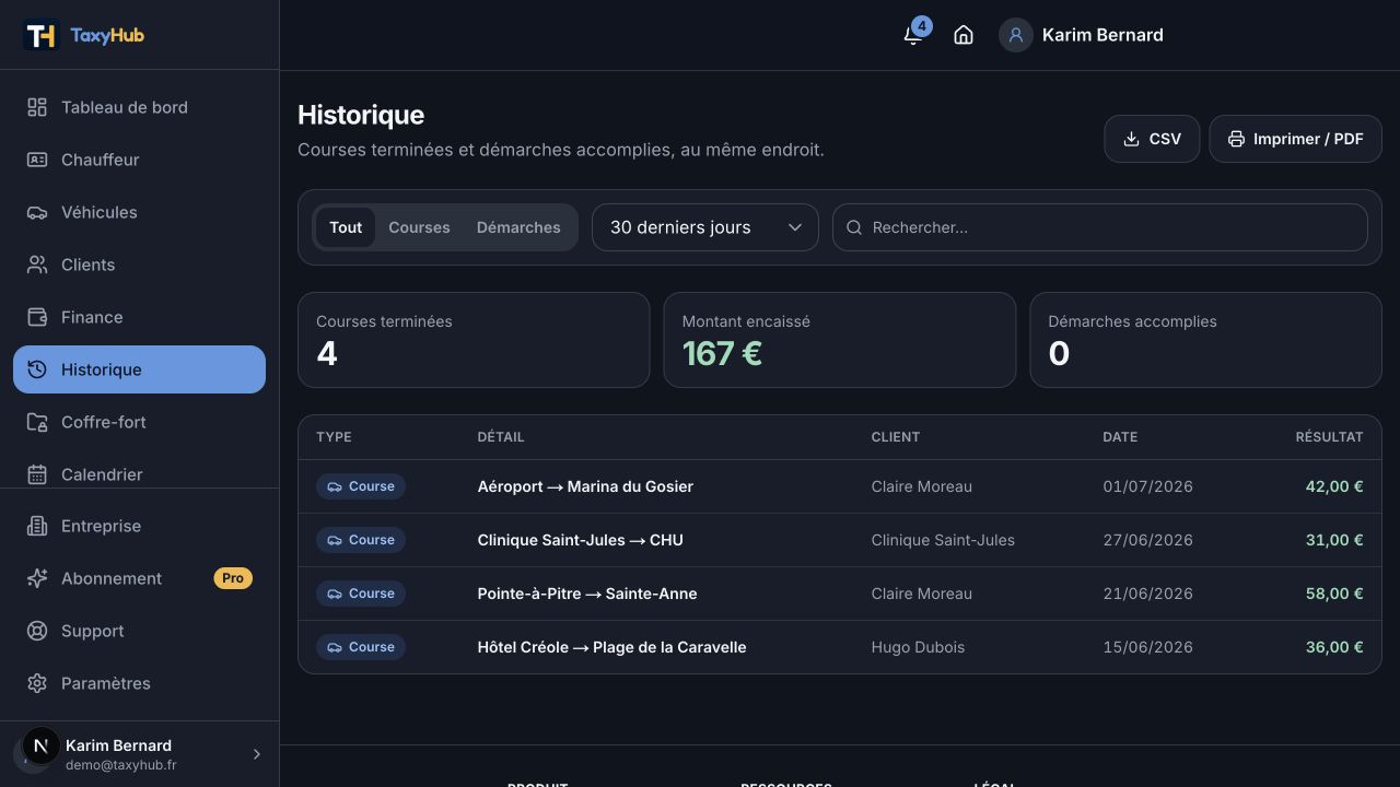 Capture réelle TaxyHub — Historique